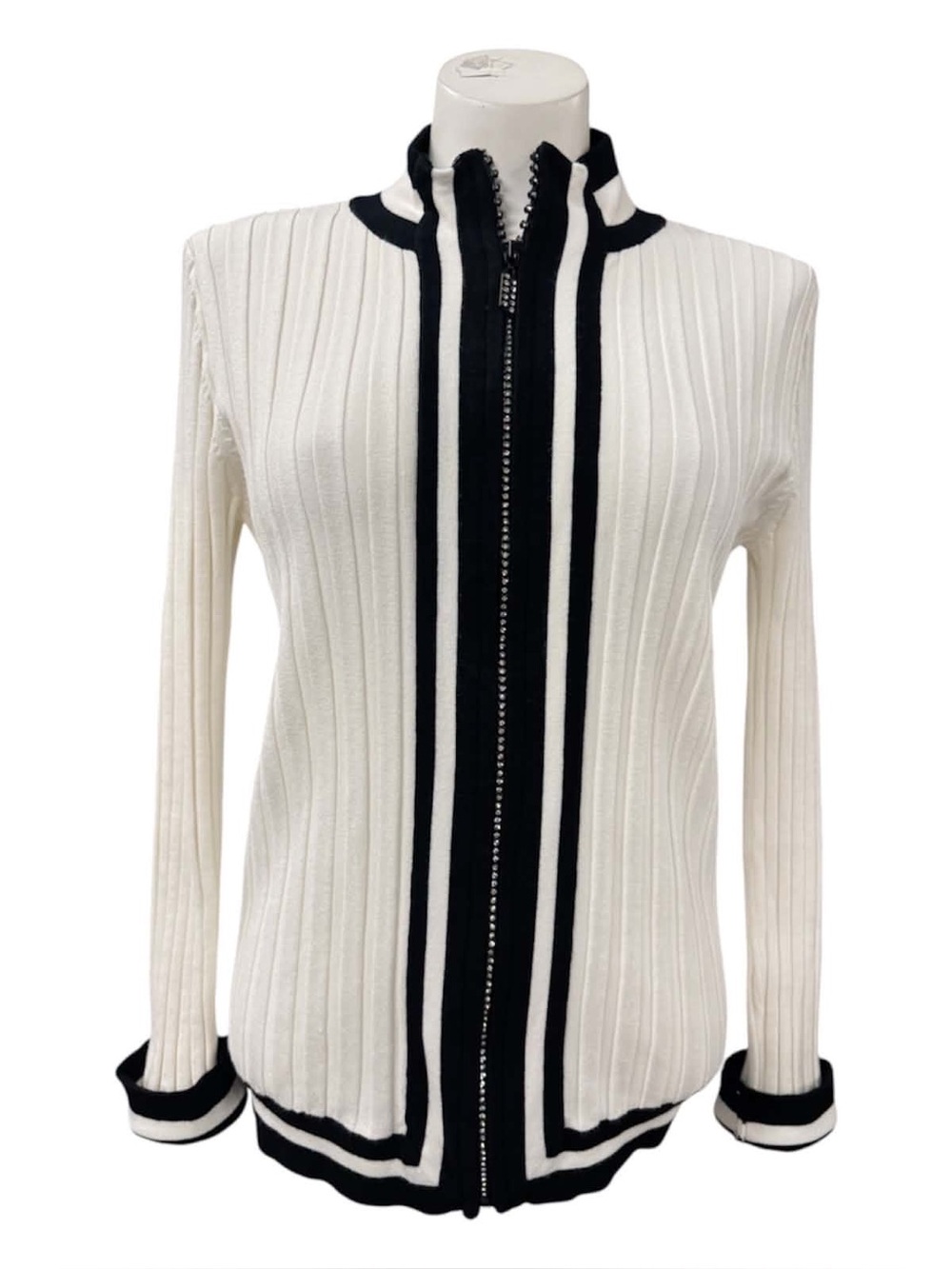Belldini White Ribbed Zip-Front Jacket with Black Trim Size L